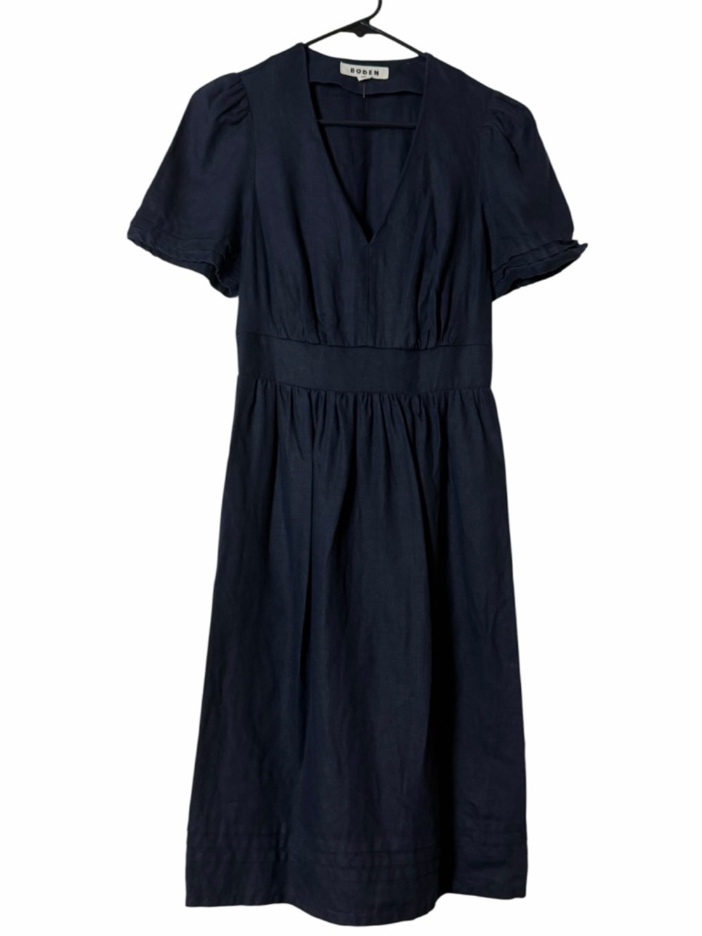Boden Eve 100% Linen Dress Navy Short Puff Sleeve V-Neck Summer Resort Size 4 - Picture 5 of 10